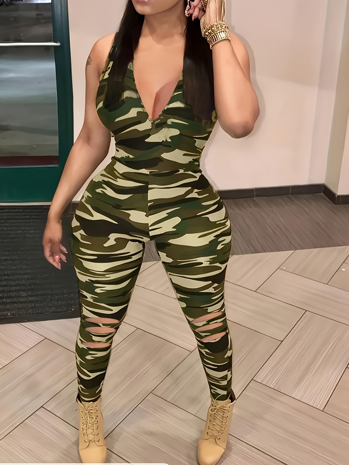 Geometric Color-Blocking Casual Fashion Women'S V-Neck Sexy Jumpsuit